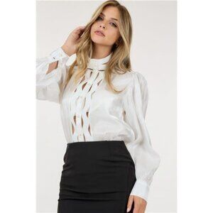 Elegant Pearl Insert Lace Trim Long Sleeve Blouse For Women